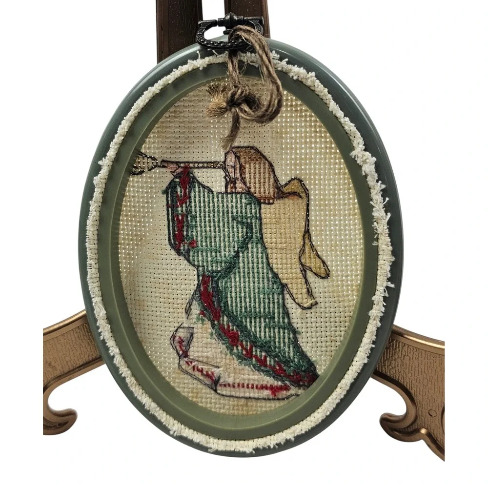 Vtg Handcrafted Angel Cross Stitch Oval Framed Ornaments Set of 2 Green Brown